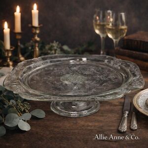 Vintage Depression Glass Cake Stand Clear Etched Square Pedestal Plate, 1930s